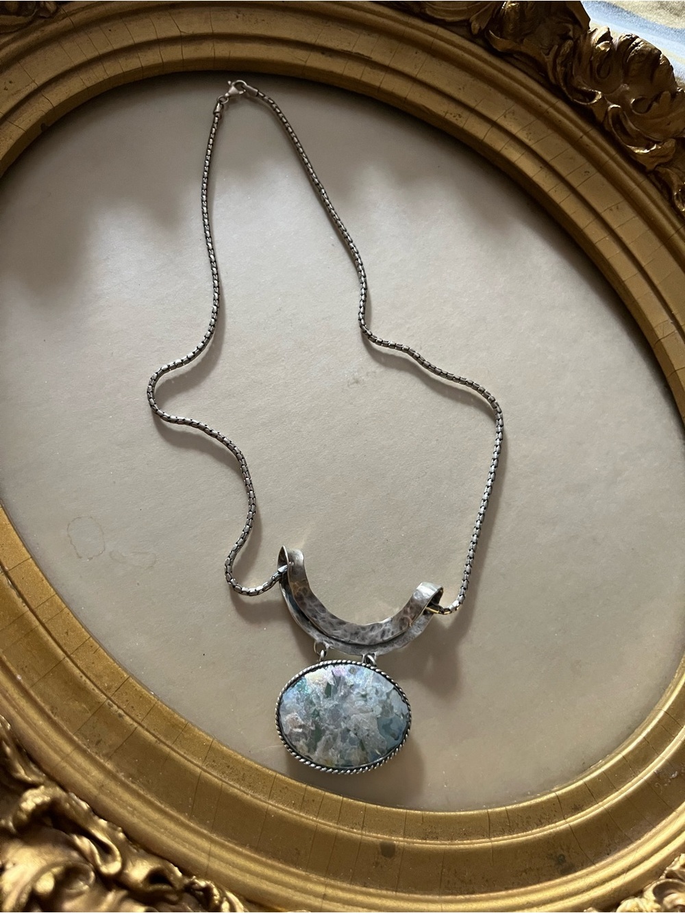 Sterling Silver Necklace with Pale Aqua Oval Pendant